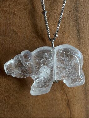 Clear Quartz Bear Hand-Carved Pendant Necklace Long